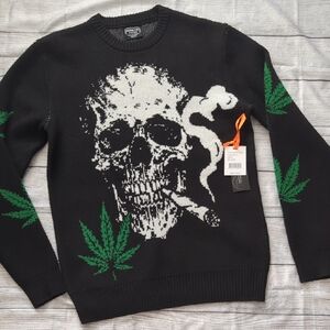 Black Crewneck Sweater with Skull and Leaf Design